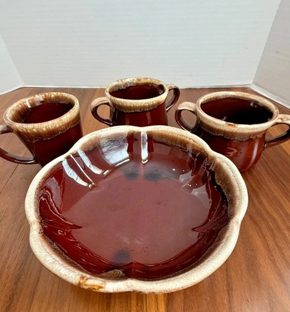 Vintage MCM Brown MCCOY Drip Glaze Pottery Set Mugs Bowls USA Oven Proof